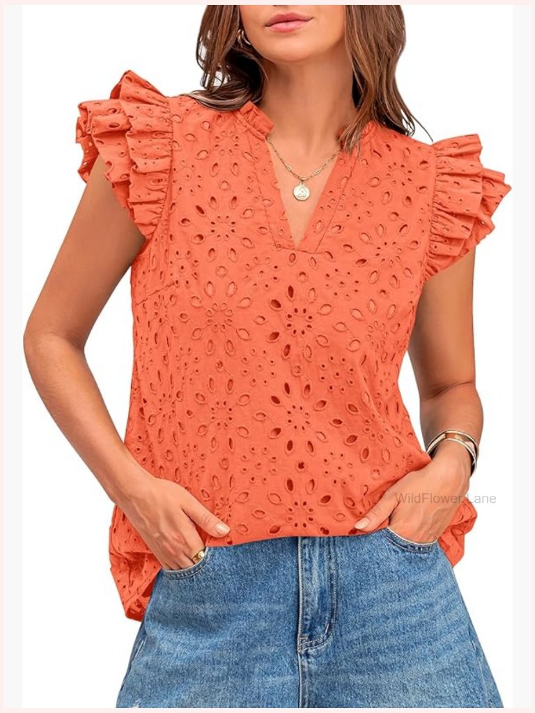 Dressy Casual Embroidered Eyelet V Neck Ruffle Cap Sleeve Blouse